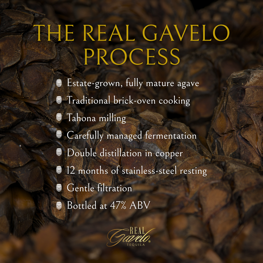 Real Gavelo traditional tequila production process using estate-grown agave, brick ovens, tahona milling and copper distillation